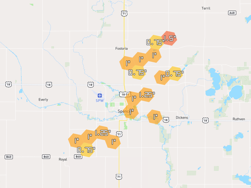 Hail map of Spencer, IA on Jul 2, 2026, hail up to 1.5"