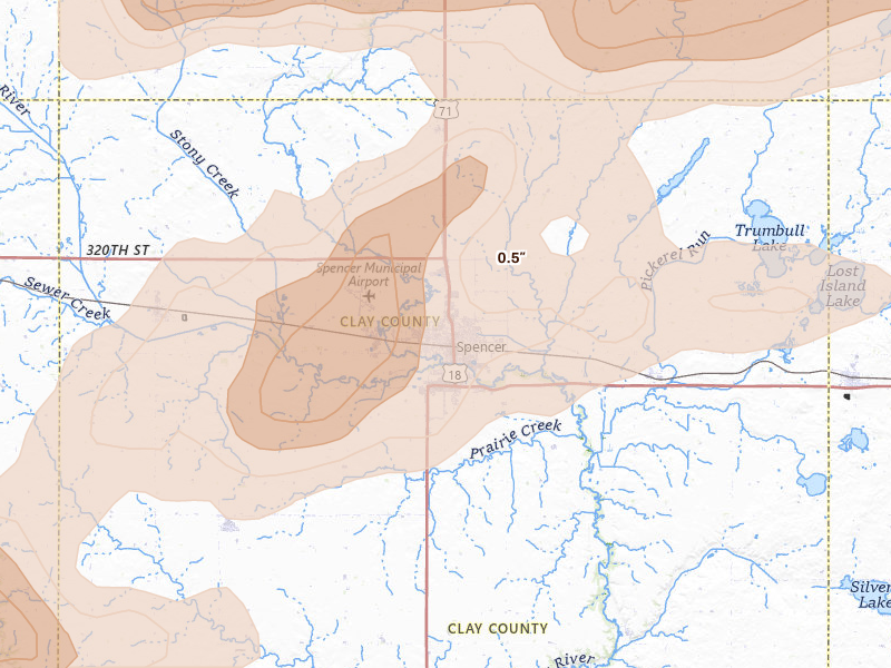 Radar-estimated hail-size map of the storm over Spencer, IA on Aug 8, 2026