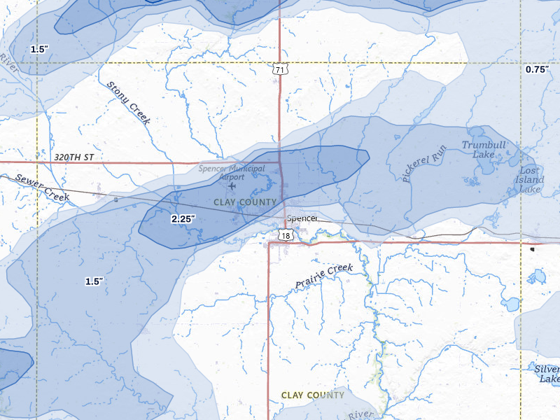 NEXRAD radar-signature map of the hail storm over Spencer, IA on Aug 8, 2026