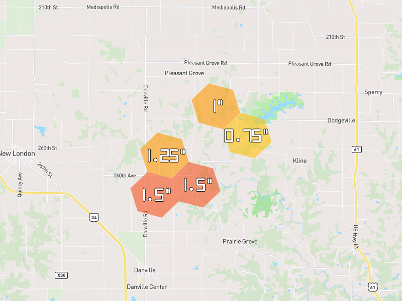 Hail map of Sperry, IA on Jul 3, 2026, hail up to 1.5"