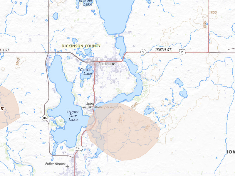 Radar-estimated hail-size map of the storm over Spirit Lake, IA on Apr 13, 2026