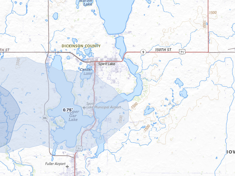 NEXRAD radar-signature map of the hail over Spirit Lake, IA