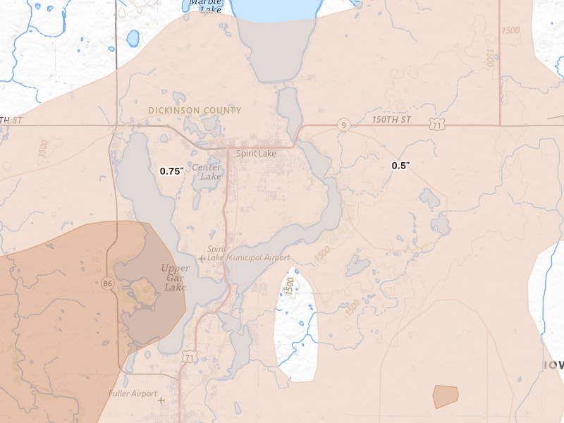 Radar-estimated hail-size map of the storm over Spirit Lake, IA on May 17, 2026