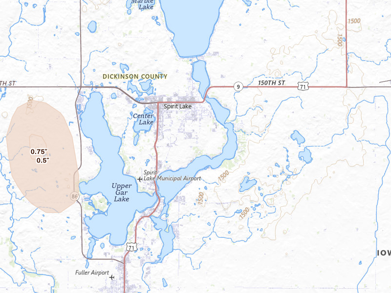 Radar-estimated hail-size map of the storm over Spirit Lake, IA on May 18, 2026