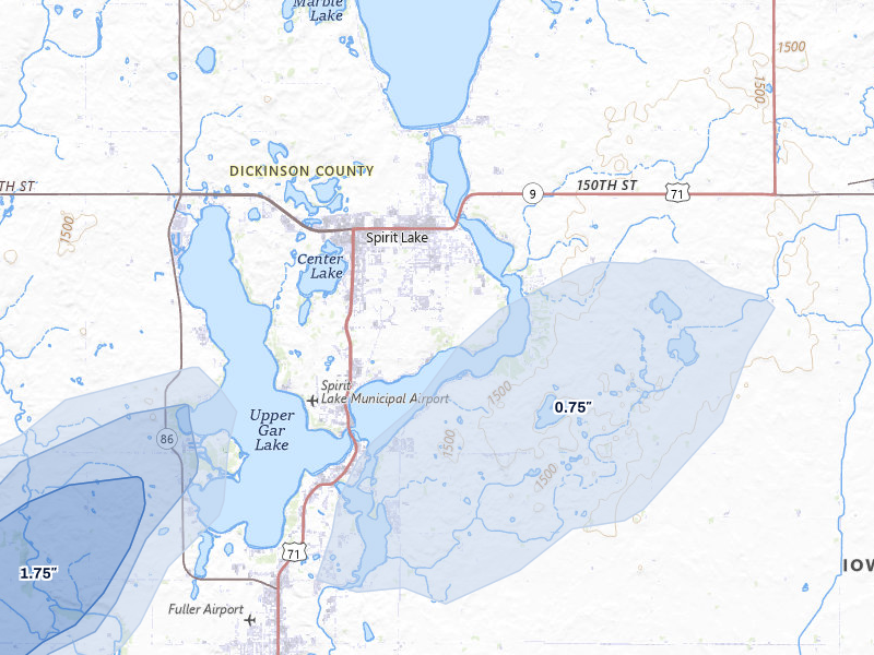NEXRAD radar-signature map of the hail storm over Spirit Lake, IA on May 25, 2026