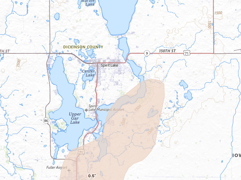 Radar-estimated hail-size map of the storm over Spirit Lake, IA on Jun 29, 2026