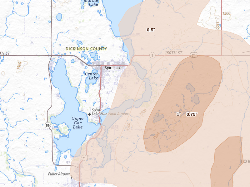 Radar-estimated hail-size map of the storm over Spirit Lake, IA on Jul 1, 2026