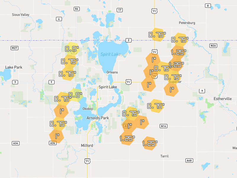Hail map of Spirit Lake, IA on Jul 1, 2026, hail up to 1.25"