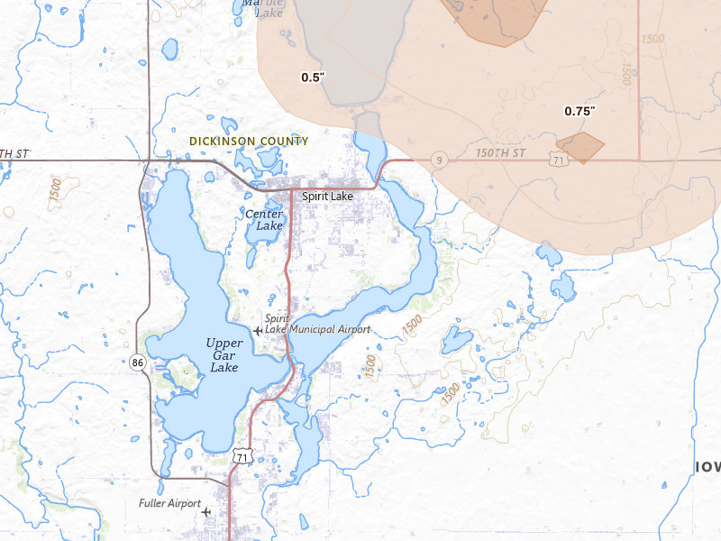 Radar-estimated hail-size map of the storm over Spirit Lake, IA on Jul 2, 2026