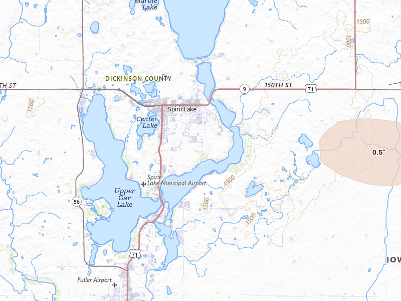 Radar-estimated hail-size map of the storm over Spirit Lake, IA on Jul 4, 2026