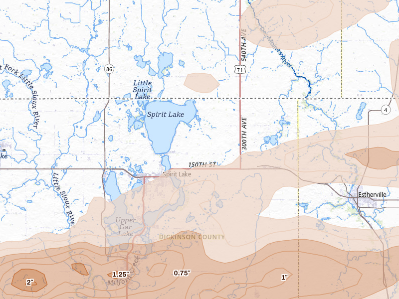 Radar-estimated hail-size map of the storm over Spirit Lake, IA on Aug 8, 2026