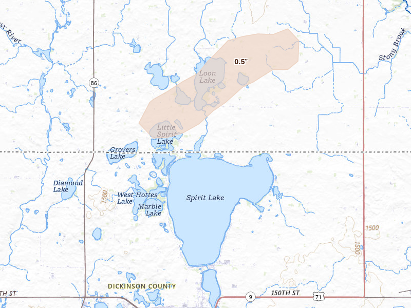 Radar-estimated hail-size map of the storm over Spirit Lake, IA on Sep 3, 2026