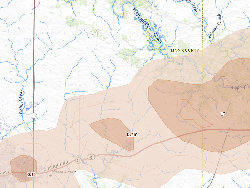 Radar-estimated hail-size map of the storm over Springville, IA on Apr 14, 2026