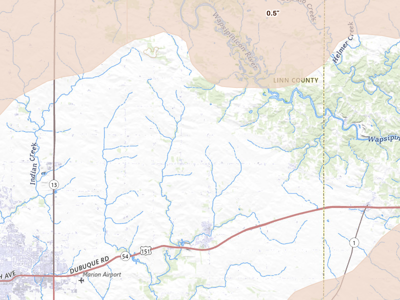 Radar-estimated hail-size map of the storm over Springville, IA on Apr 17, 2026