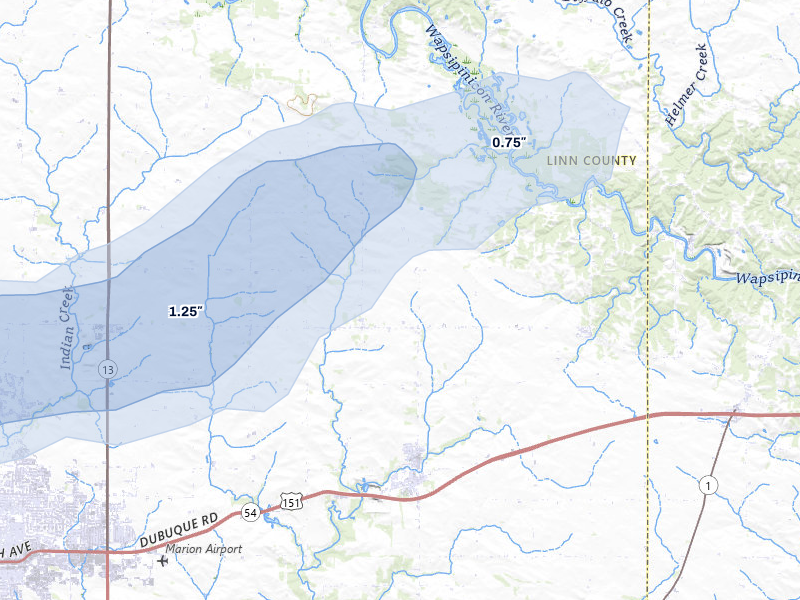 NEXRAD radar-signature map of the hail storm over Springville, IA on Apr 27, 2026