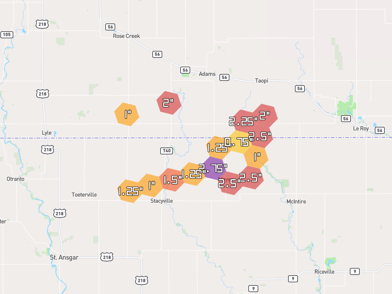 Hail map of Stacyville, IA on Jul 8, 2026, hail up to 2.75"