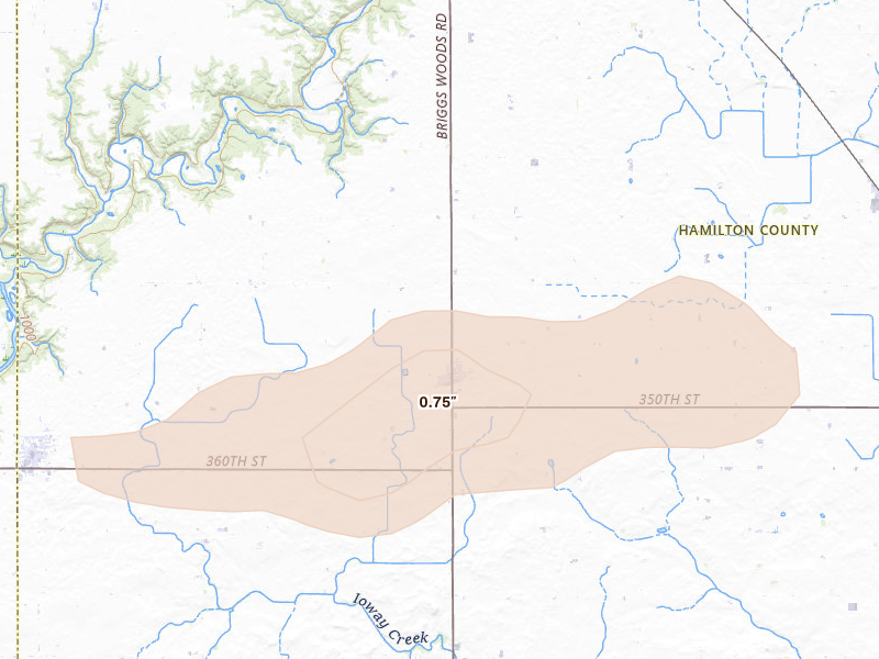 Radar-estimated hail-size map of the storm over Stanhope, IA on May 15, 2026