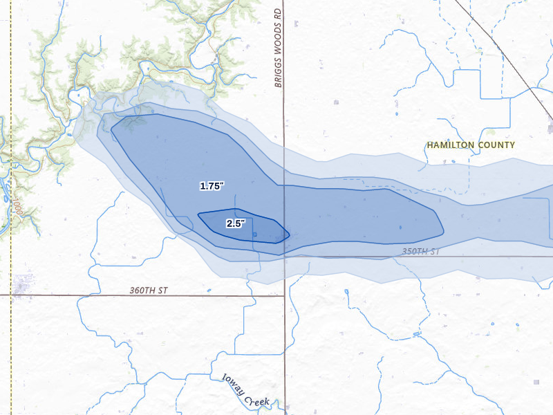 NEXRAD radar-signature map of the hail storm over Stanhope, IA on May 15, 2026