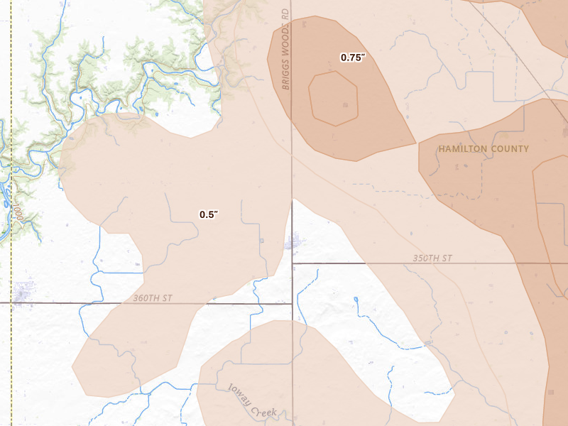 Radar-estimated hail-size map of the storm over Stanhope, IA on Jul 20, 2026