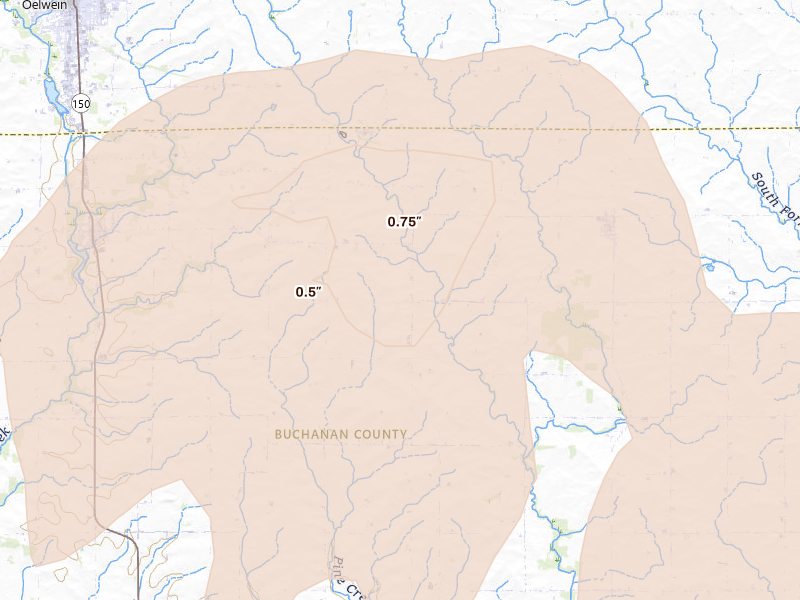 Radar-estimated hail-size map of the storm over Stanley, IA on Jun 28, 2026
