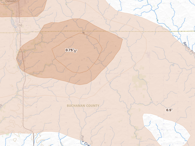Radar-estimated hail-size map of the storm over Stanley, IA on Aug 7, 2026