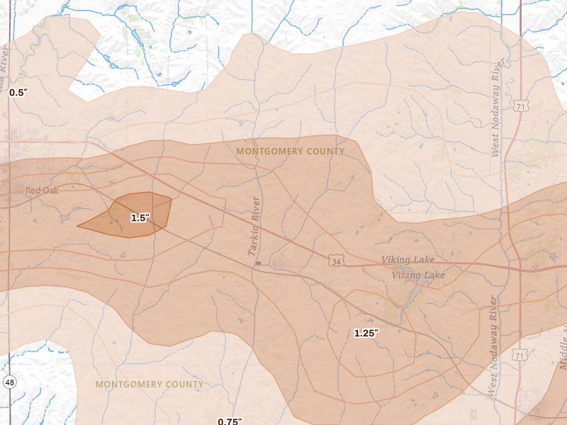 Radar-estimated hail-size map of the storm over Stanton, IA on May 16, 2026