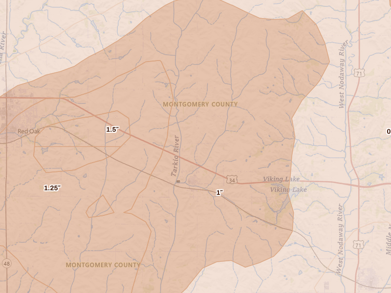Radar-estimated hail-size map of the storm over Stanton, IA on Jun 10, 2026