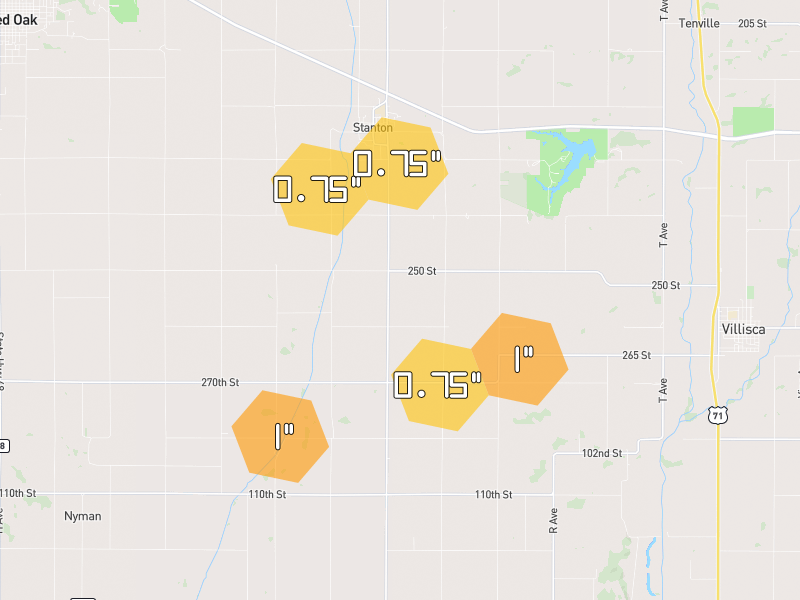 Hail map of Stanton, IA on Jul 21, 2026, hail up to 1"