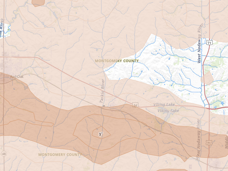 Radar-estimated hail-size map of the storm over Stanton, IA on Aug 4, 2026