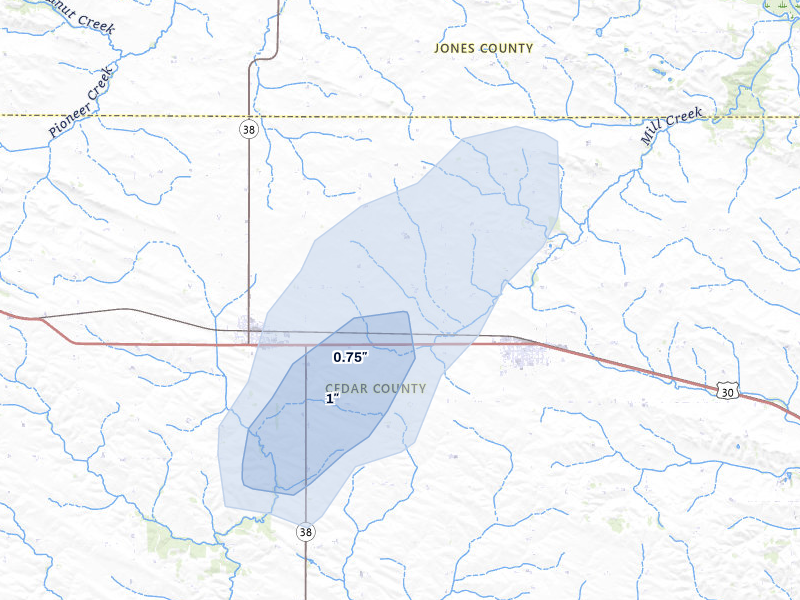 NEXRAD radar-signature map of the hail storm over Stanwood, IA on May 17, 2026