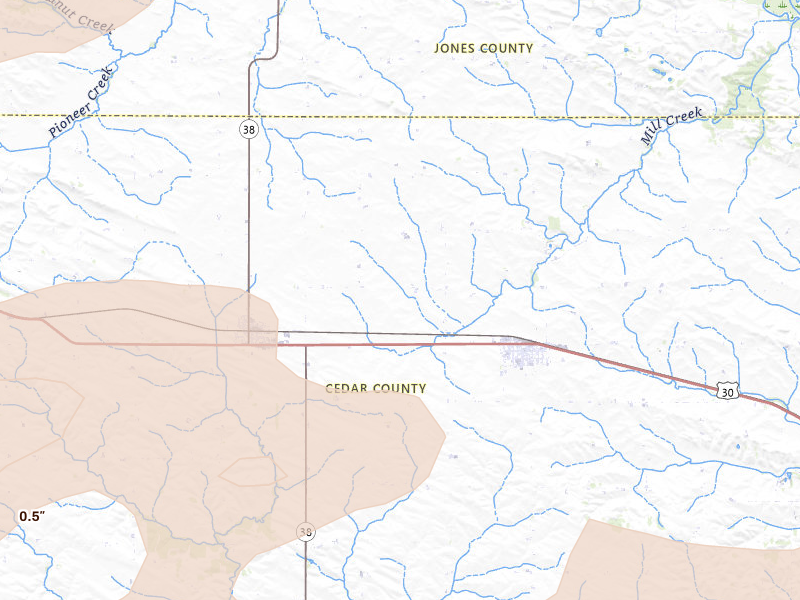Radar-estimated hail-size map of the storm over Stanwood, IA on Jul 3, 2026