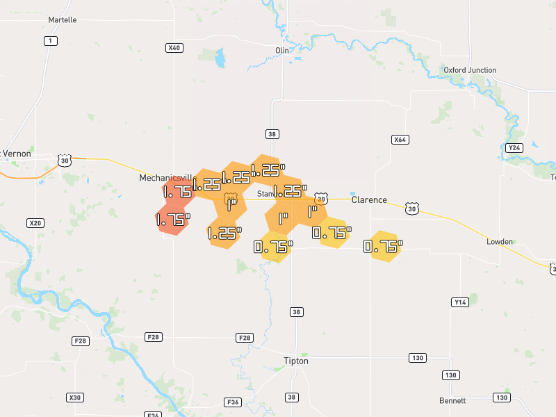 Hail map of Stanwood, IA on Jul 3, 2026, hail up to 1.75"