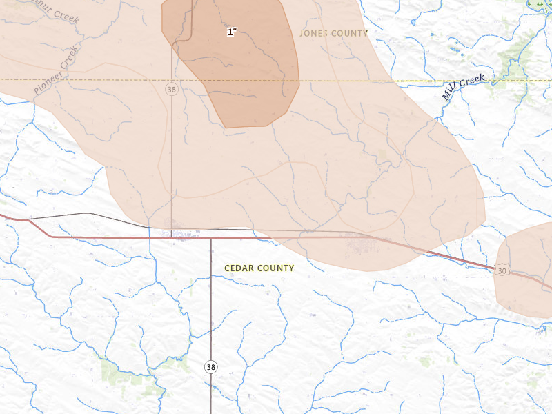Radar-estimated hail-size map of the storm over Stanwood, IA on Aug 7, 2026