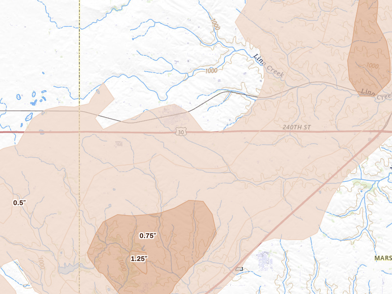 Radar-estimated hail-size map of the storm over State Center, IA on Jul 2, 2026