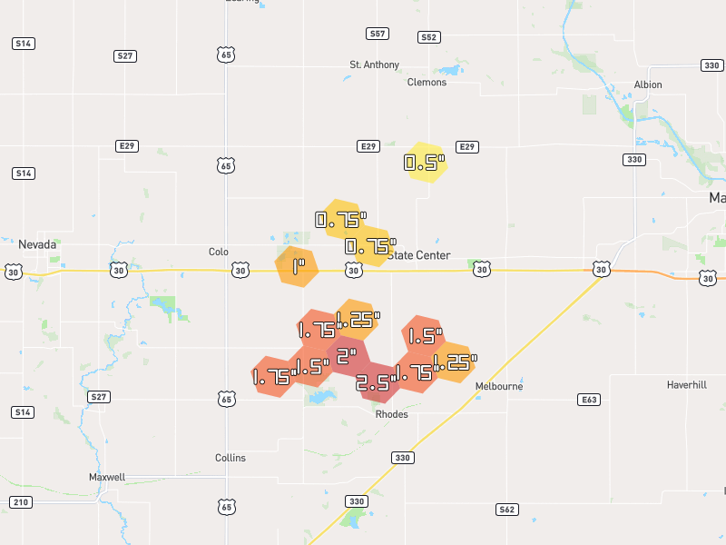 Hail map of State Center, IA on Jul 2, 2026, hail up to 2.5"