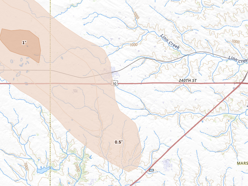 Radar-estimated hail-size map of the storm over State Center, IA on Jul 20, 2026