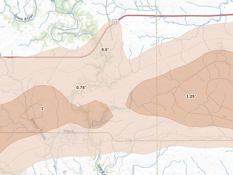 Radar-estimated hail-size map of the storm over Steamboat Rock, IA