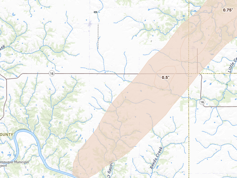 Radar-estimated hail-size map of the storm over Stockport, IA on Mar 5, 2026