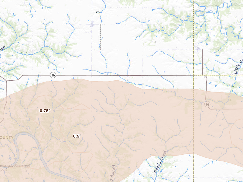 Radar-estimated hail-size map of the storm over Stockport, IA on May 4, 2026