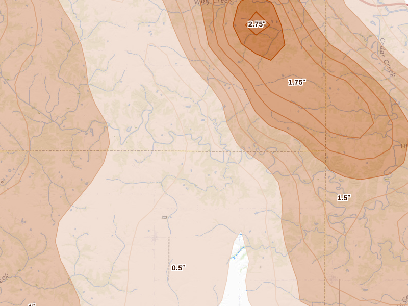 Radar-estimated hail-size map of the storm over Stockport, IA on Aug 7, 2026