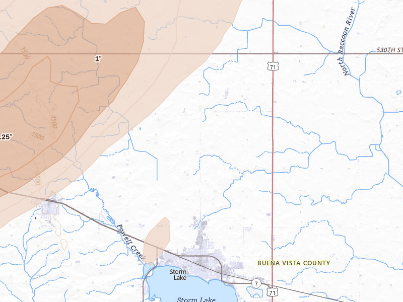 Radar-estimated hail-size map of the storm over Storm Lake, IA on Apr 23, 2026