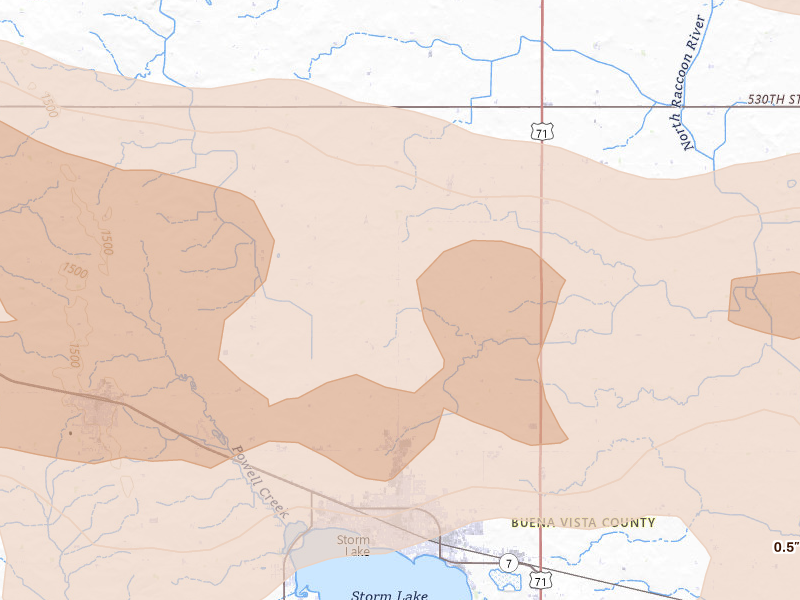 Radar-estimated hail-size map of the storm over Storm Lake, IA on May 15, 2026