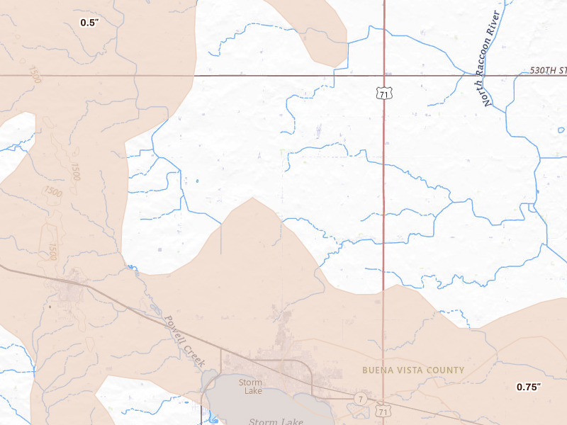 Radar-estimated hail-size map of the storm over Storm Lake, IA on Jun 16, 2026