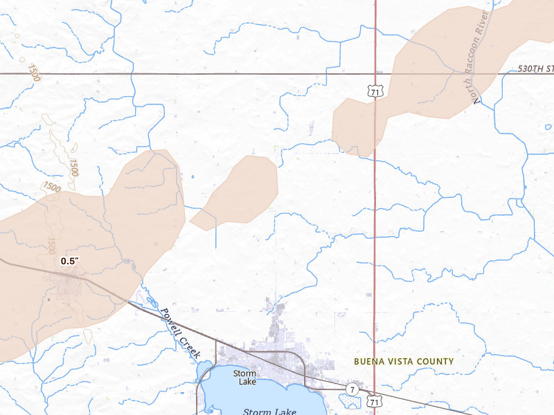 Radar-estimated hail-size map of the storm over Storm Lake, IA on Jun 27, 2026