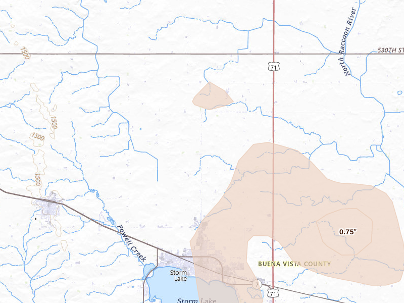 Radar-estimated hail-size map of the storm over Storm Lake, IA on Jul 4, 2026