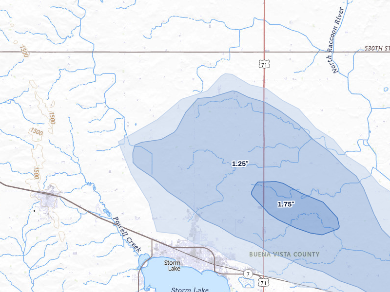 NEXRAD radar-signature map of the hail over Storm Lake, IA