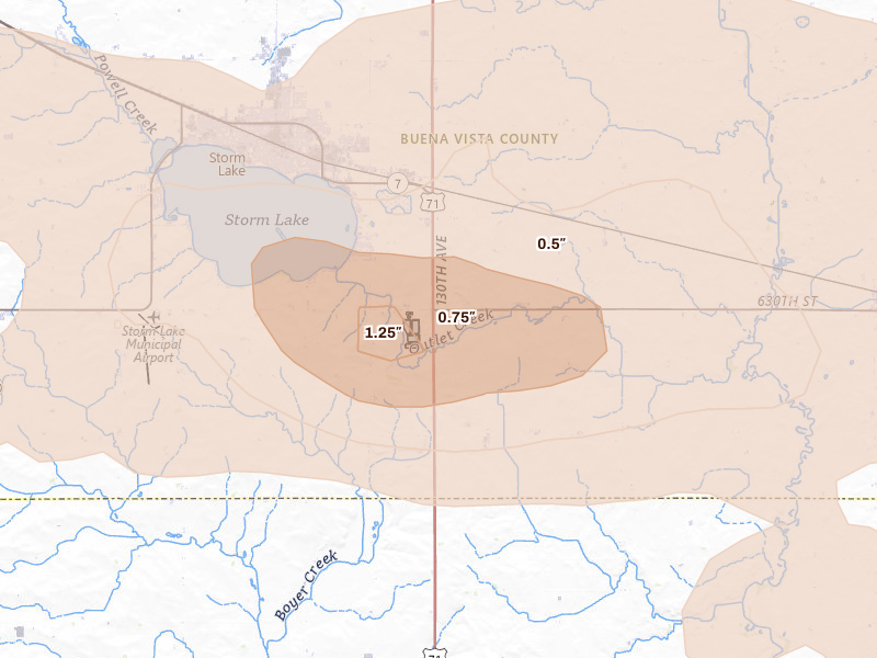 Radar-estimated hail-size map of the storm over Storm Lake, IA on Aug 10, 2026