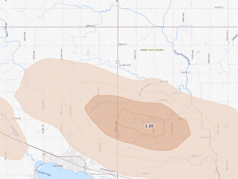 Radar-estimated hail-size map of the storm over Storm Lake, IA