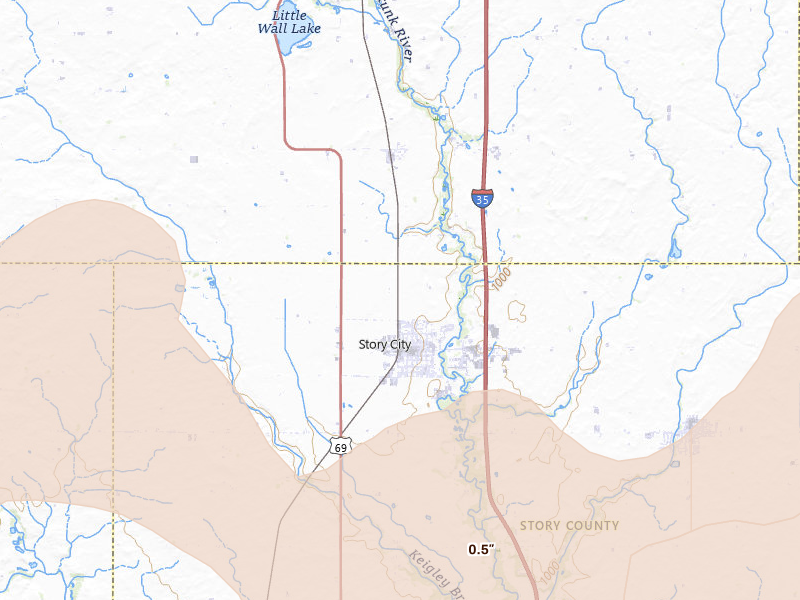 Radar-estimated hail-size map of the storm over Story City, IA on Jun 10, 2026