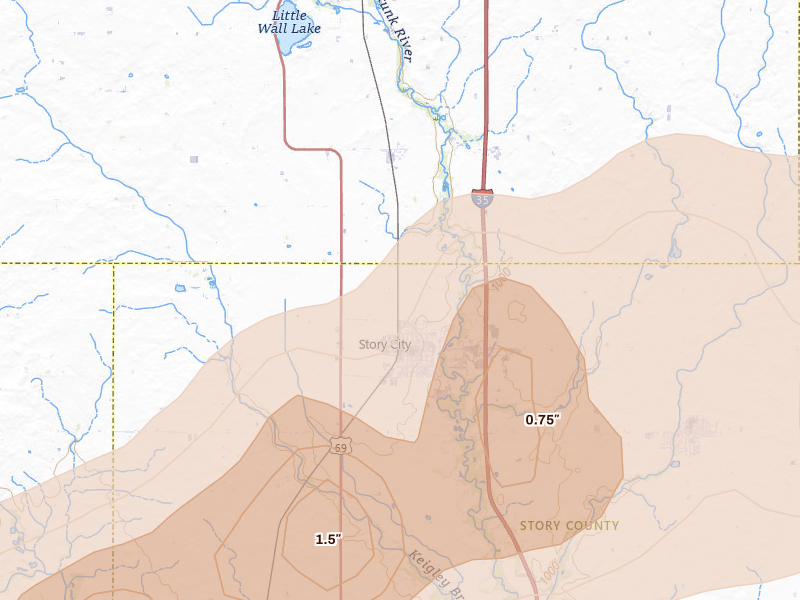 Radar-estimated hail-size map of the storm over Story City, IA on Jun 28, 2026